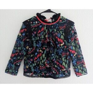 Saloni Embroidered Tulle Blouse Women's Size 4 Black Floral Long Sleeve Top
